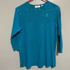 Vintage Quacker Factory Stylish Teal Sequin Blouse tshirt lightweight sweater